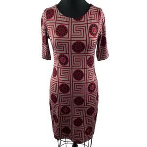 Tracy Negoshian Gray Red Black Floral Print Geometric Shift Dress 3/4 Sleeve XS